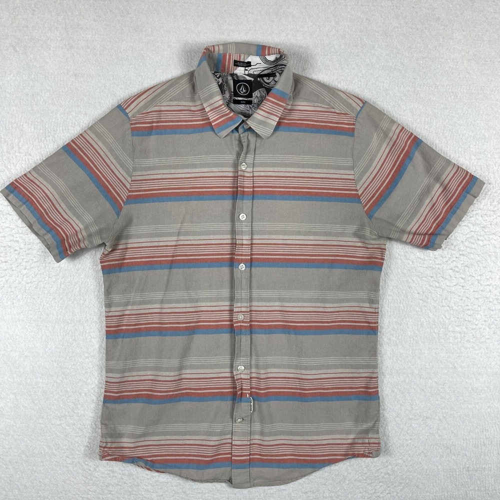 Volcom Shirt Mens Medium Slim Fit Gray Striped Surf Skate Casual Travel Workwear